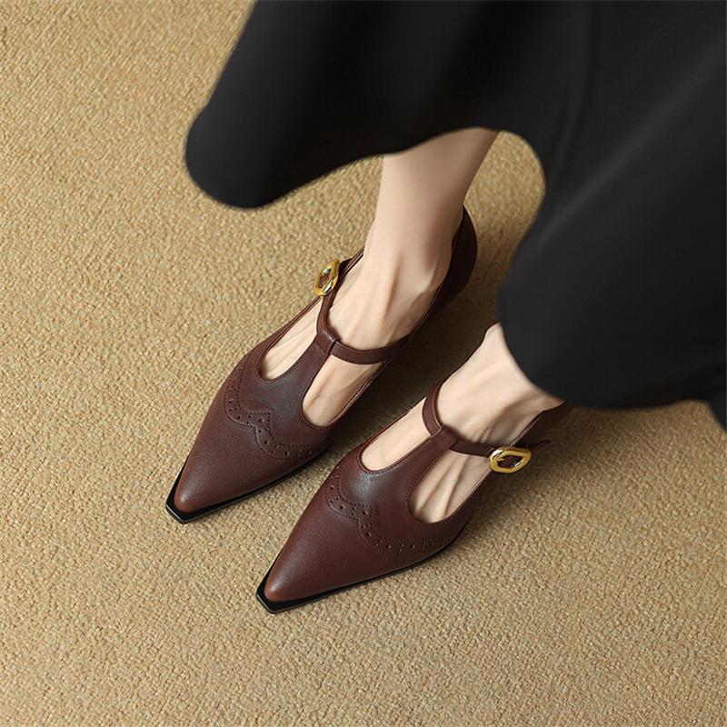 Fashion NEW Spring Autumn Genuine Leather Women Shoes Fashion Pointed Toe Shoes for Women Brogue Designs Women Pumps Mary Jane Shoes