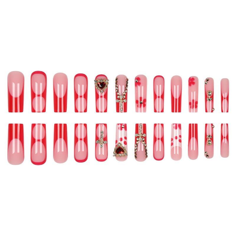 European and American long water pipe nail big red French fake nail gold rose cross point diamond nail piece wear nail
