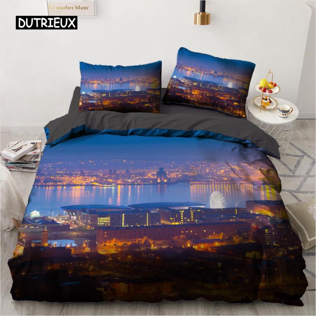 Urban Night View Duvet Cover Set Brightly Lit Night Scene Bedding Set for Teens Adults Queen Size Soft Microfiber Quilt Cover