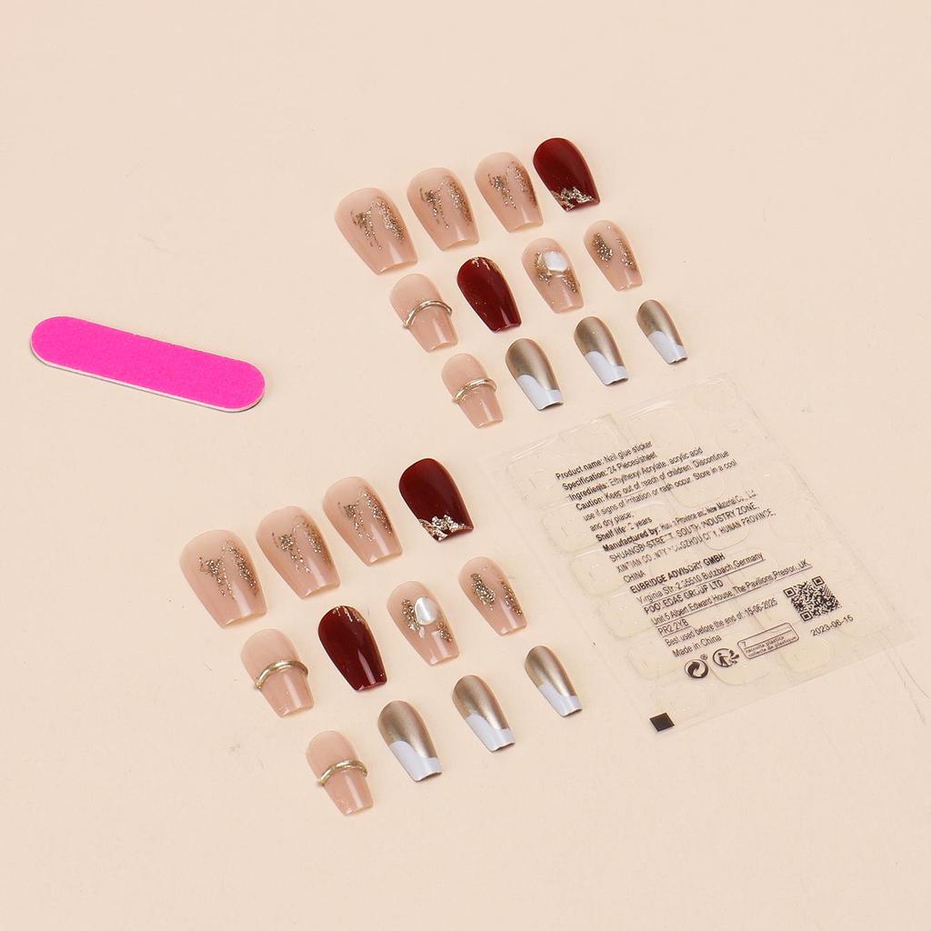 Short Wine Red Glitter Press-On Nails with Gold Foil - Handmade Nail Art Patches for Students