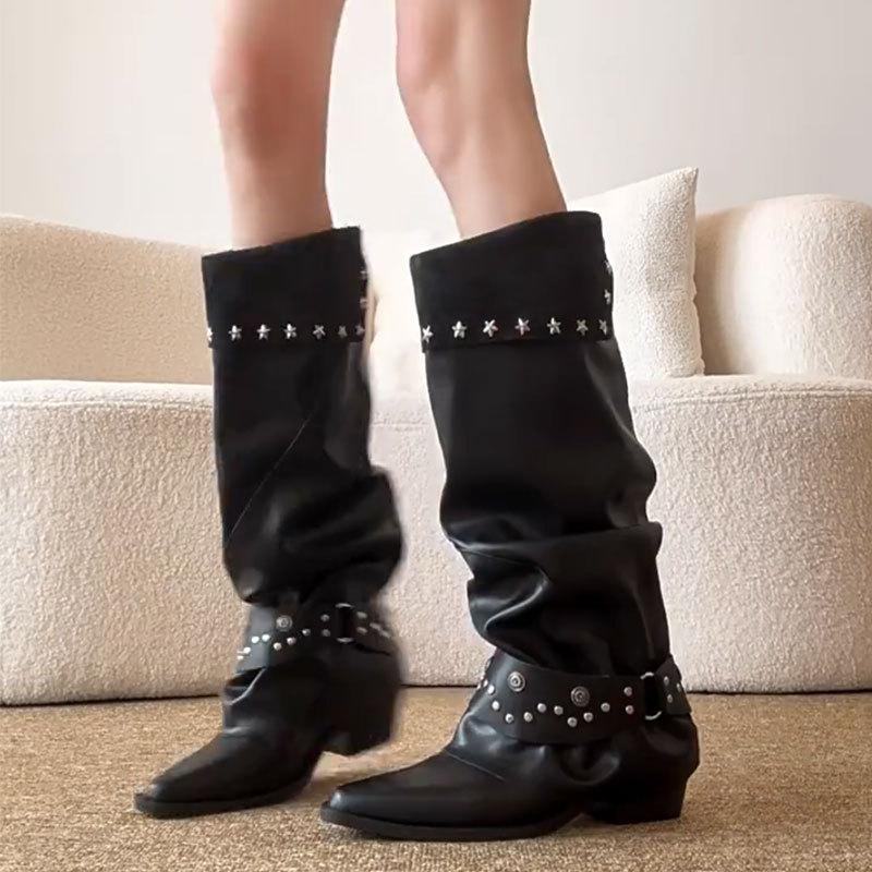 0000 pointed thick heel rivet trouser tube boots women's boots belt buckle pile knight boots versatile high tube but knee boots