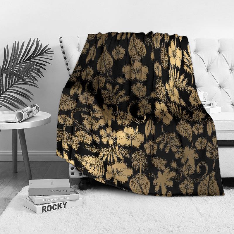 Black Floral Fleece Blanket with Golden Leaves Waterproof Warm Throw Bed Sofa Cover for Girls Teen Kids