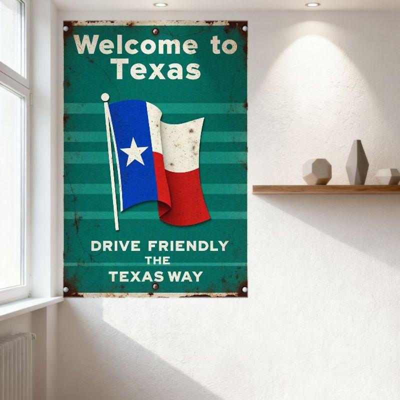 Vintage Texas Welcome Sign Metal Tin Plaque - Texas Flag Illustration & 'DRIVE FRIENDLY THE TEXAS WAY' Retro Wall Decor for Man