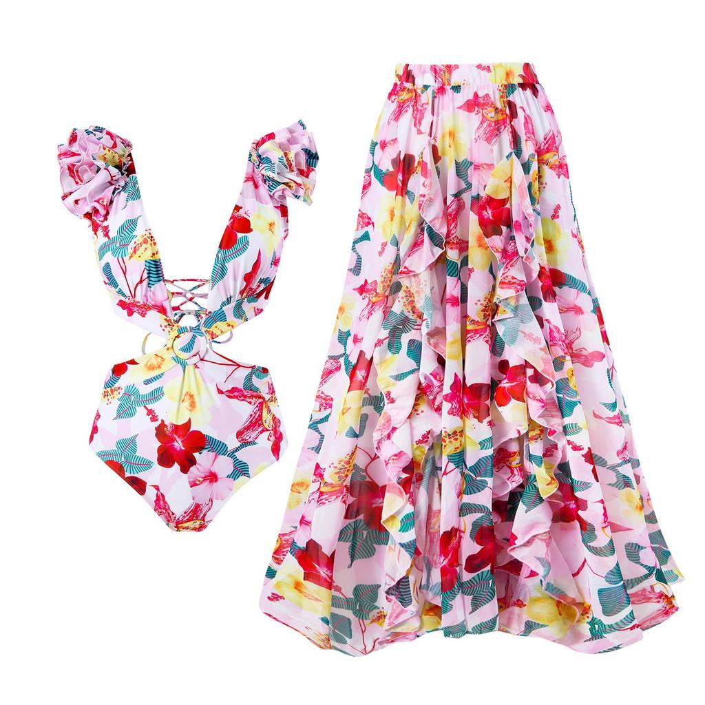 2025 Trendy Women's One-Piece Swimsuit Set with Bowknot Mesh Skirt - Solid Color