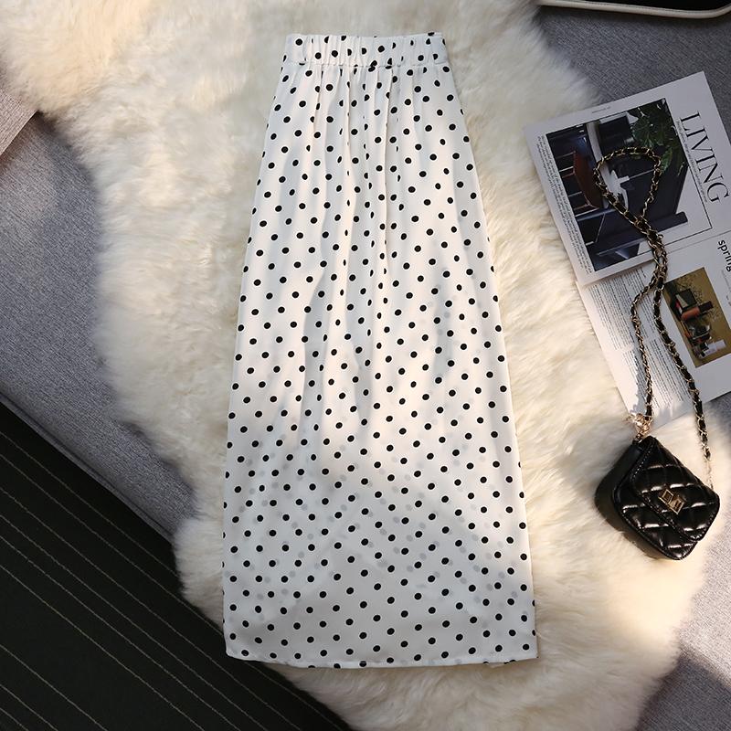 Sexy Vintage Pokal Dot Print Trumpet Midi Skirt Women Back Elastic Band Side Split Ruffles Long Black Skirts