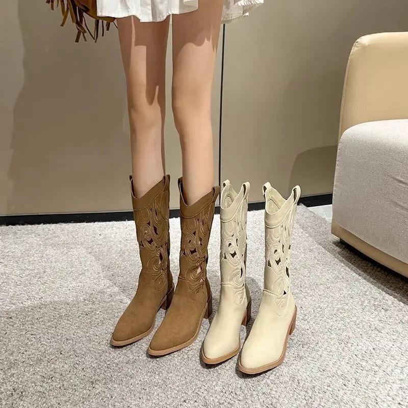 Fashion Hollow Out Booties Women's Knight Boots CowGirl Boots Breathable Footwear PU Leather Rubber Sole Simple Style Adult Footw