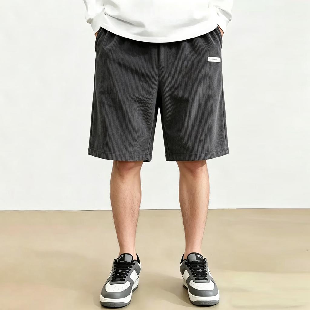 Mens Corduroy Shorts Relaxed Fit Knee Length Straight Leg Casual Shorts with Elastic Waistband and Side Pocket Design for Everyday Wear