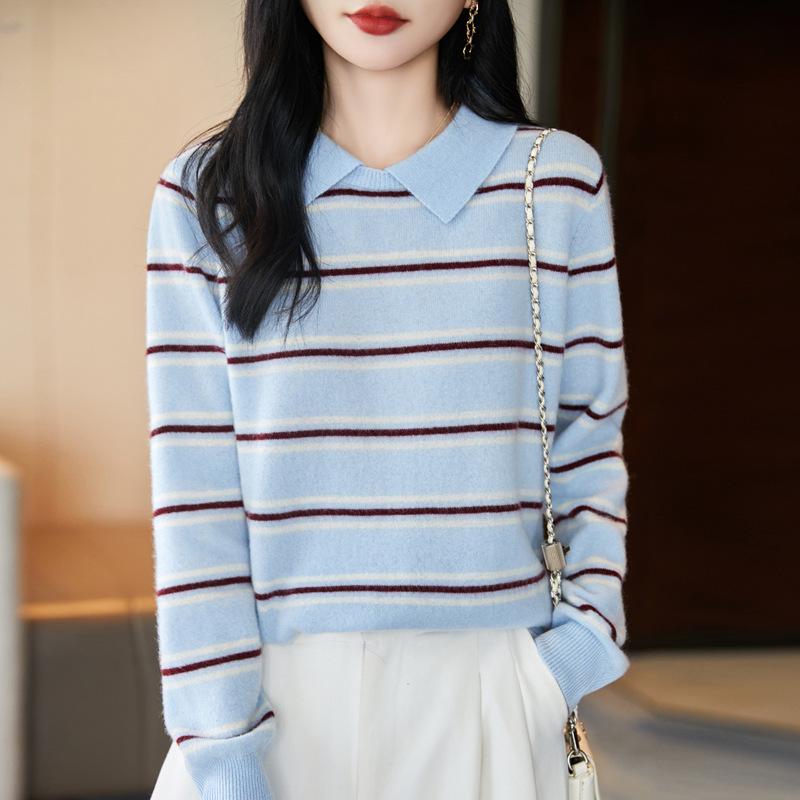 Women's 100% Pure Wool Striped Lapel Sweater - Autumn/Winter Loose Fit Knitwear