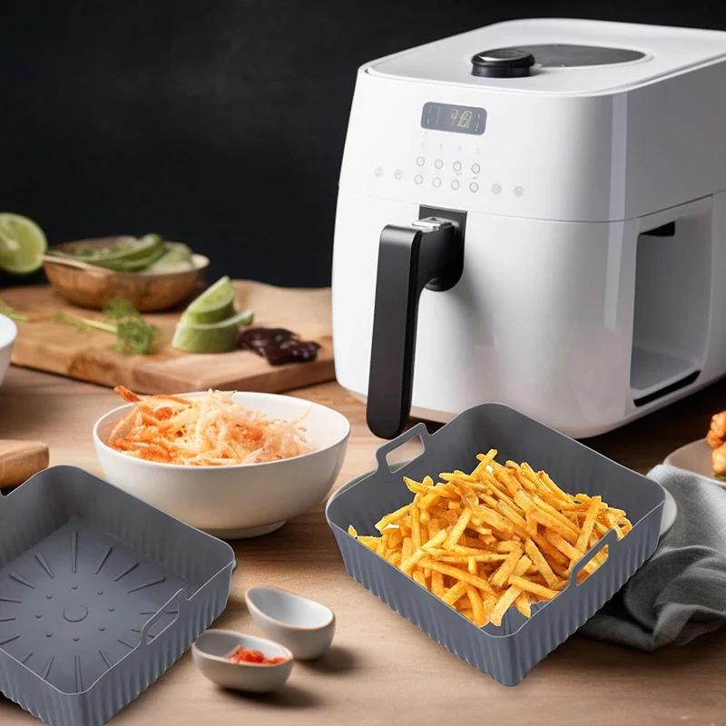 1pc Air Fryer Silicone Baking Tray 23cm Square Airfryer Liners Molds Reusable Oven Baking Basket Multi Functional Barbecue Mat