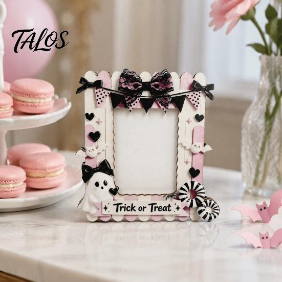 Vertical Display Stand Halloween Wooden Photo Frame, Cute Ghost Butterfly Cat Tabletop Decor Lightweight Wood Frame with Stand, Sweet Kawaii