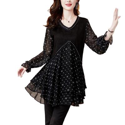 Polka Dot Chiffon Shirt Women's Spring Long Sleeve Casual Blouse Floral Print Loose Tee Tops
