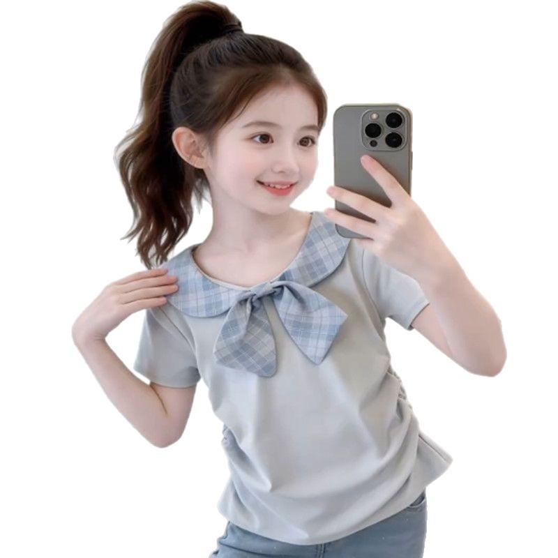 Girls Summer Plaid T Shirt With Bow Sweet Ruched Waist Short Sleeve Top For Big Kids