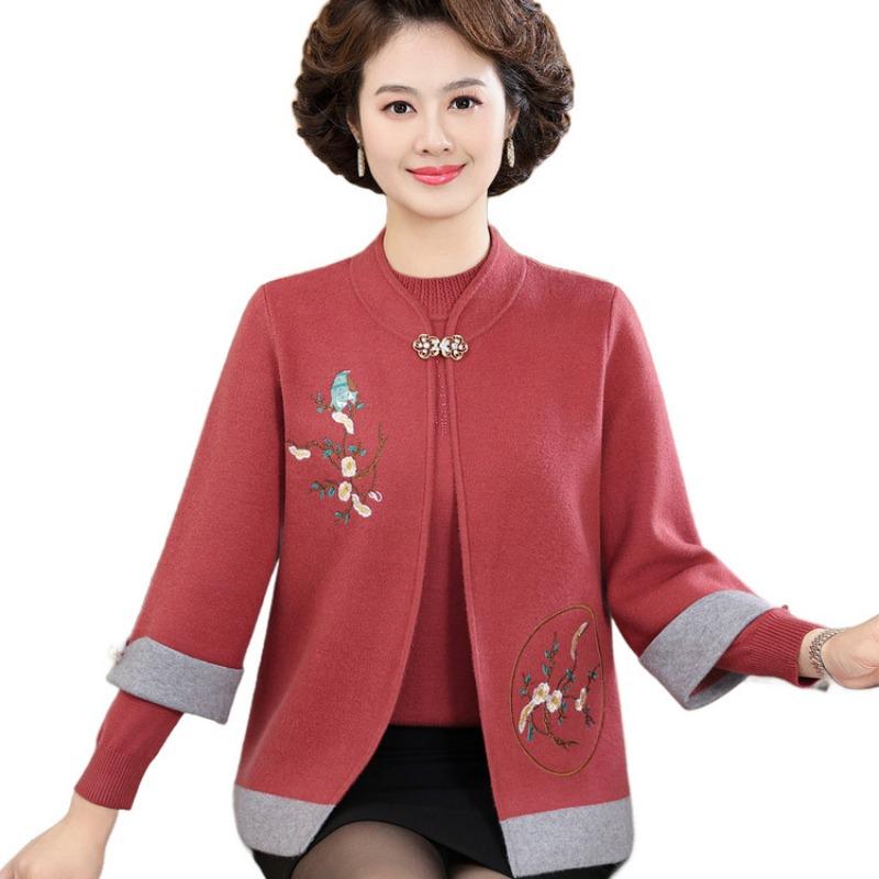 Middle-aged and old women's wedding sweater jacket two-piece set, mother's autumn and winter new suit, fashionable mother-in-law top