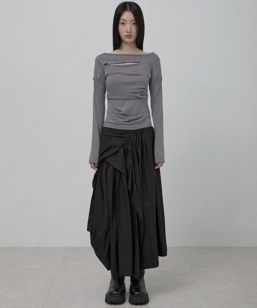 Peulleeoeob Asymmetrical Draped Layered Long Skirt (Fl-256_Black)