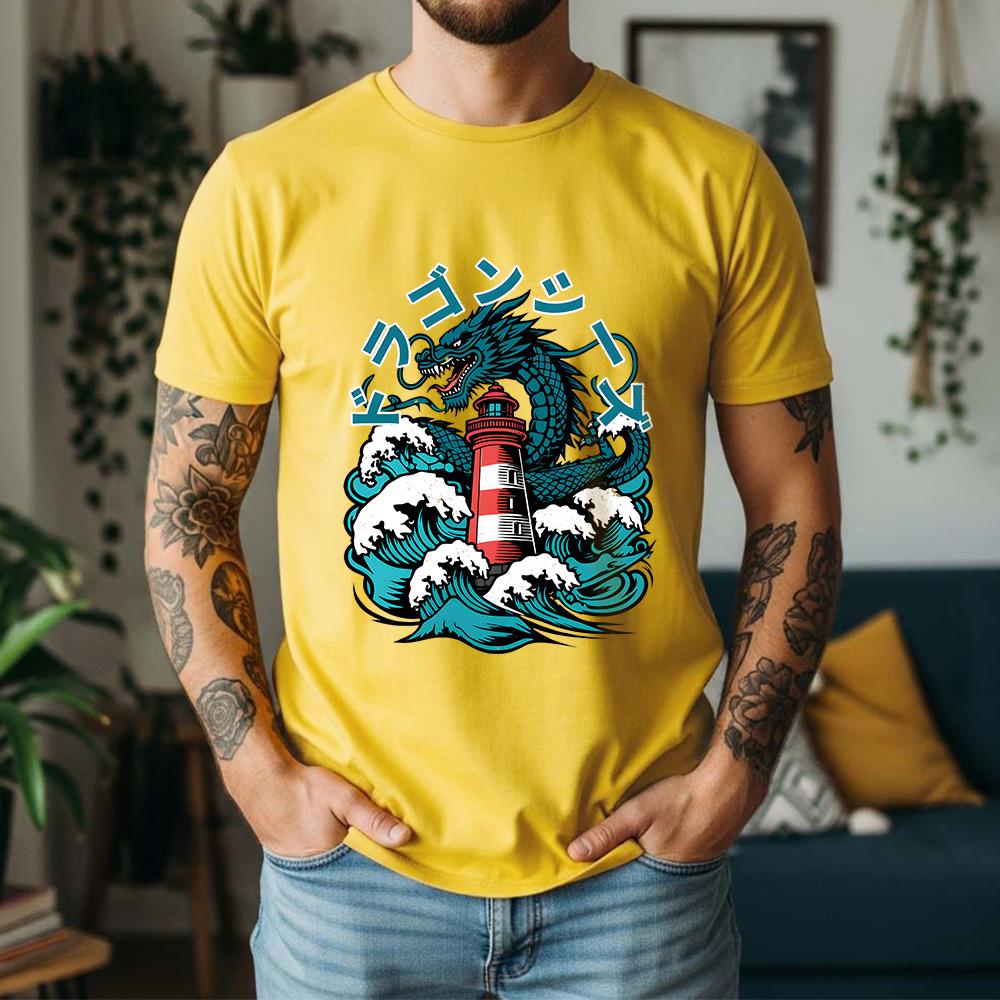 2026 Summer Unisexs Japanese Dragon Lighthouse Graphic Oversize Tee 100 Cotton UkiyoE Short Sleeve