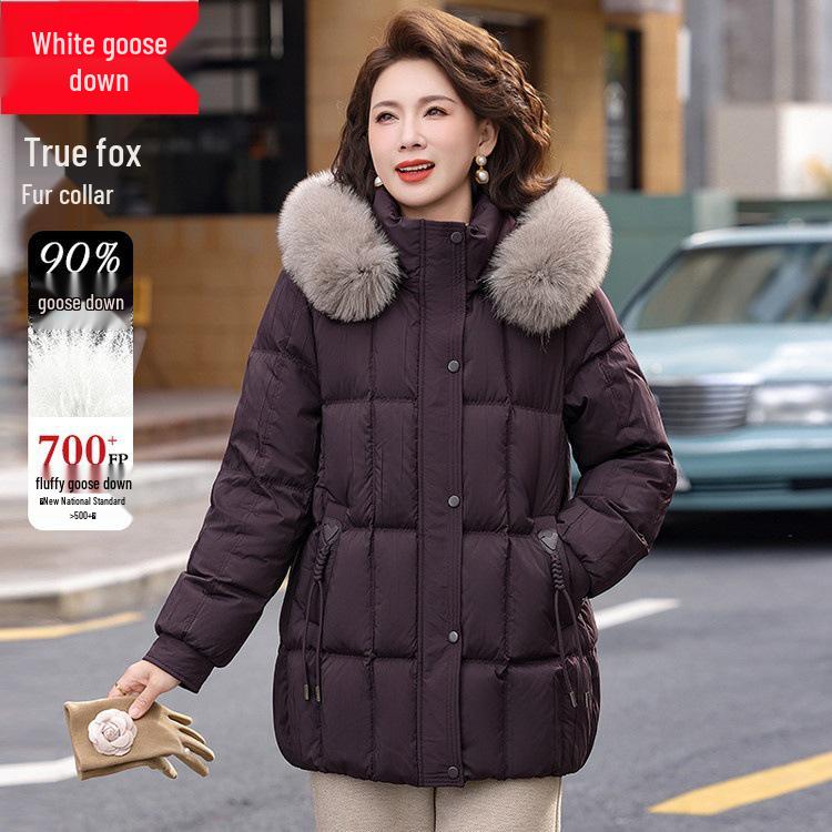 

2025 Stylish White Goose Down Winter Coat with Fox Fur Collar for Middle-aged and Elderly Women 2XL