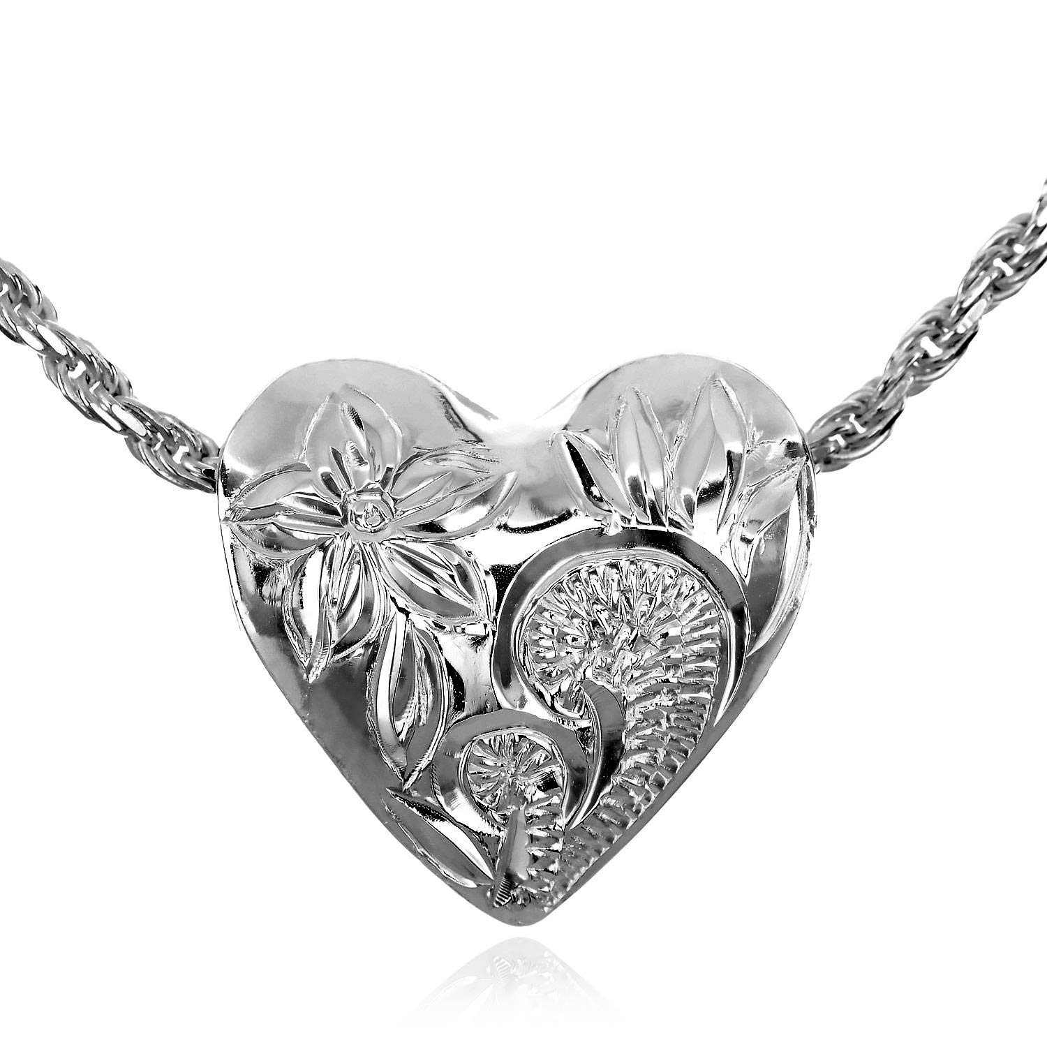 

Leilani Hawaiian Jewelry Heart Reversible Plumeria & Scroll (Wave) Carved Pendant Necklace in Sterling Silver (45cm Rope Chain Included)