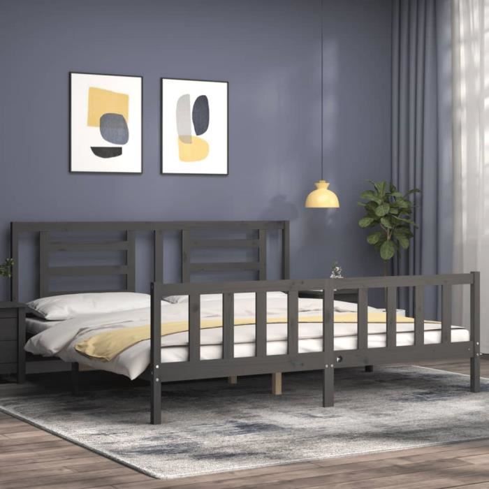 VidaXL Cadre de lit avec tête de lit gris 200x200 cm bois massif 3192903