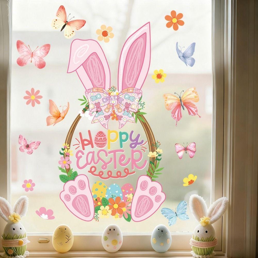 PVC Rabbit Basket Electrostatic Stickers Happy Easter Window Stickers  Ester Decorations