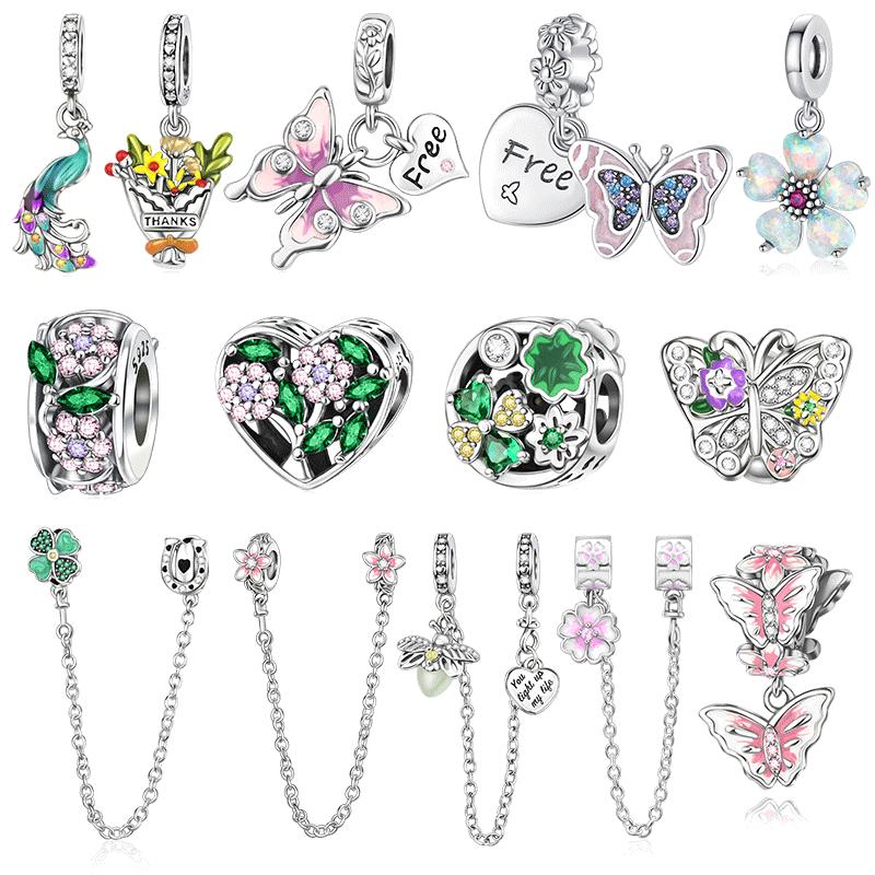 copper Zircon Flower Free Butterfly Safety Chain Pendant Charm Compatible With Authentic Charm Bracelets Women Do It Yourself Jewellery Gift