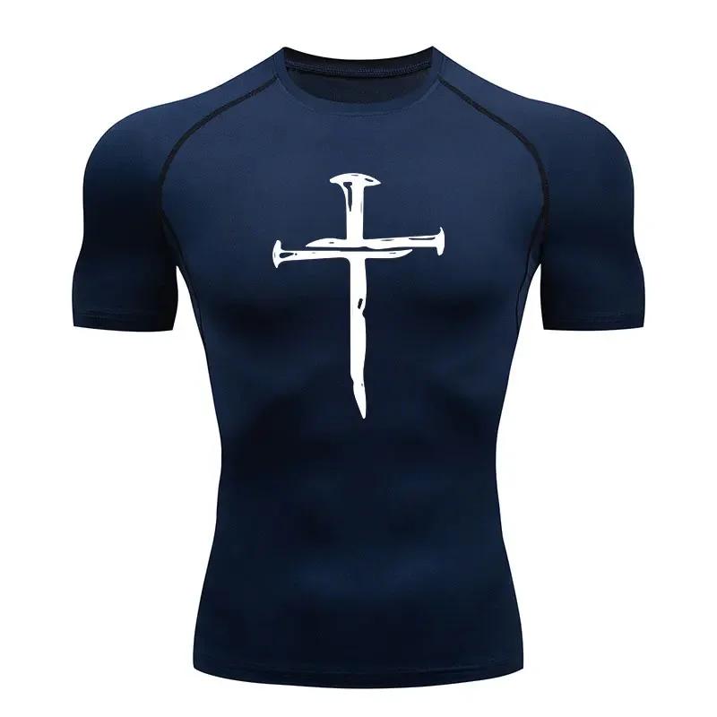 Men's Quick Dry Cross Print Sportswear Running Compression Tee Shirt Athletic Muscle Tshirt Fitness Gym Undershirt Sport Top