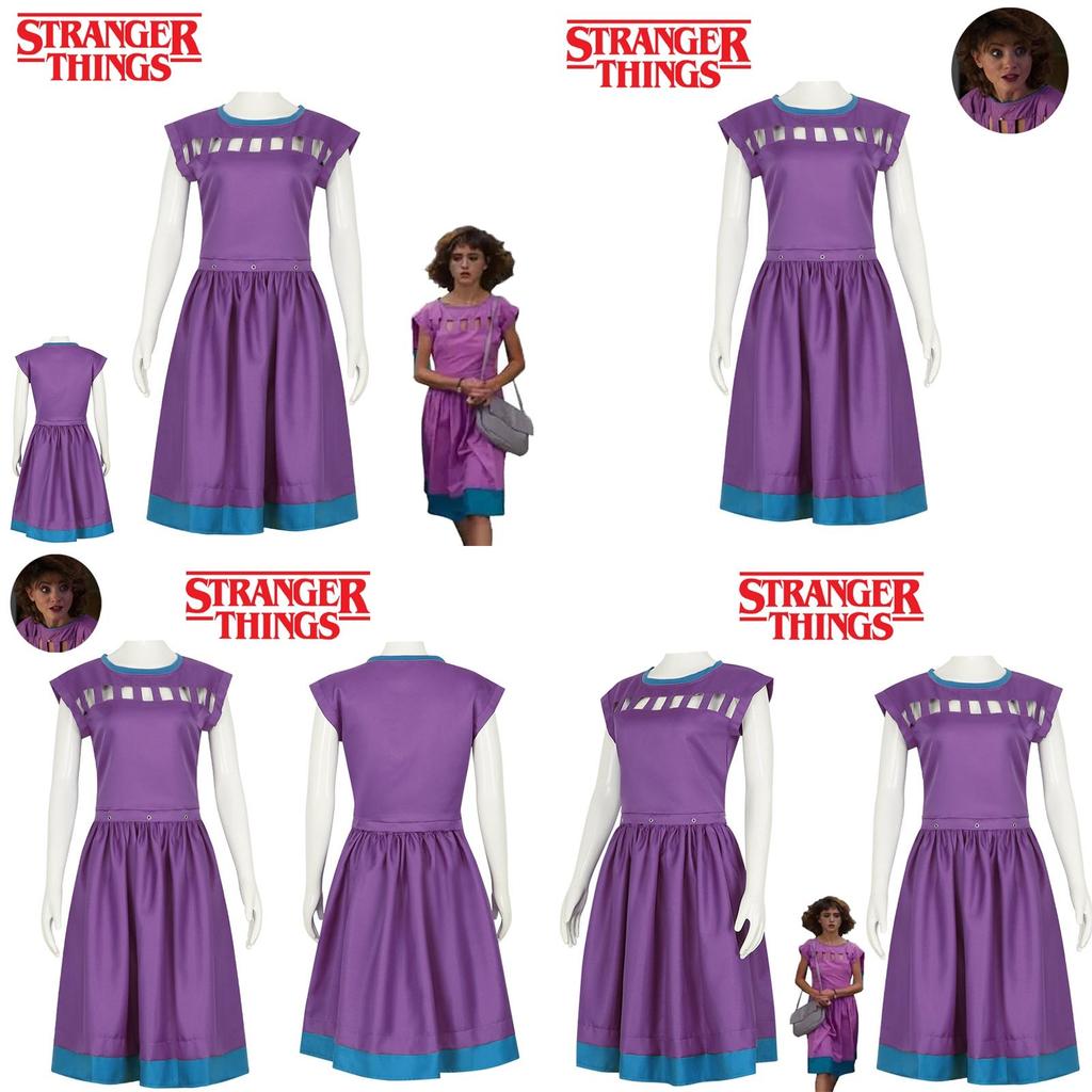 Nancy Wheeler Cosplay Costume For Stranger Things 3 Fans Purple Dress Outfit For Halloween