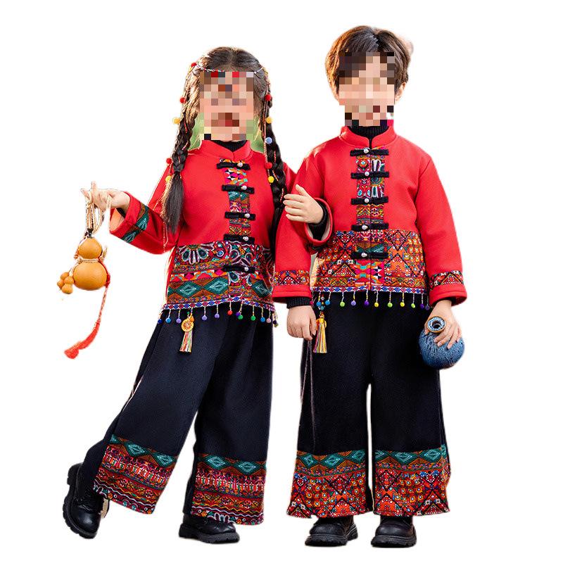 Children's Ethnic Velvet Hanfu Costume for Boys and Girls - Zhuang Miao Dance New Year Outfit