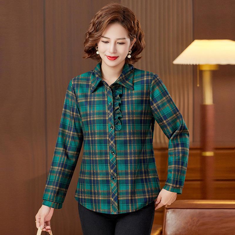 

Spring/Summer Plaid Lapel Shirt for Middle-Aged and Elderly Women - Fashionable, Loose Fit for Mothers and Mother-in-Laws 4XL (130-145 jin) зелёный
