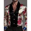 Men's Fashion New Design Printed Rose Men's Printed Rose Satin Shirt Long Sleeve Retro Holiday Wear Collar Button Shirt