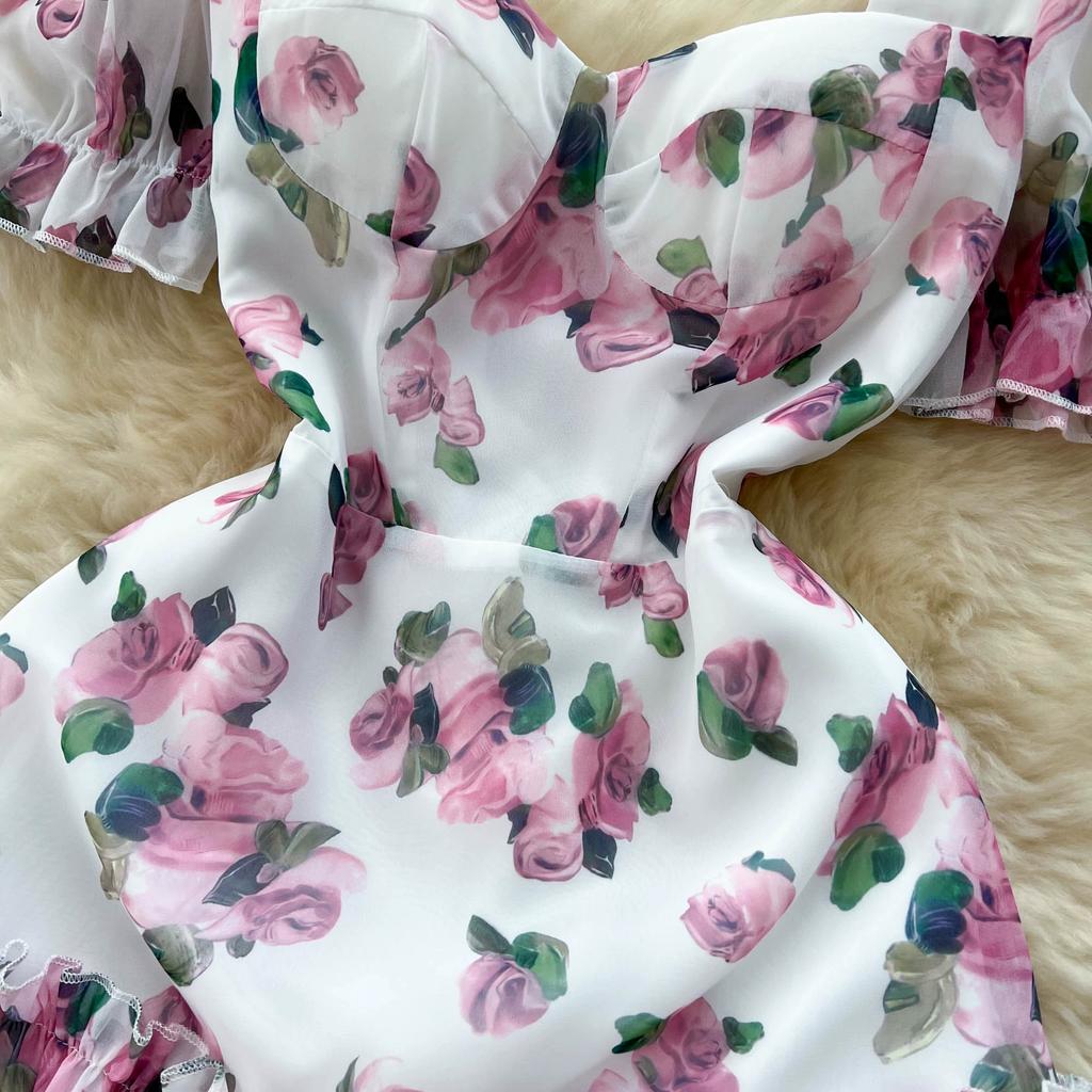 Beach Vacation Floral Print Dress Women Backless Lace Up Cross Ruched Fashion Party Long Dress Fashion Short Sexy Slim Clothes