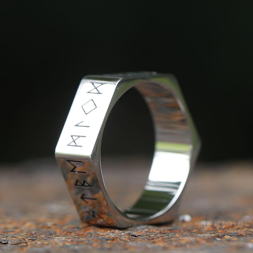 

2023 New Creative Style 316L Stainless Steel Hexagon Viking Runes Ring For Men Fashion Biker Cool Jewelry Gift 13