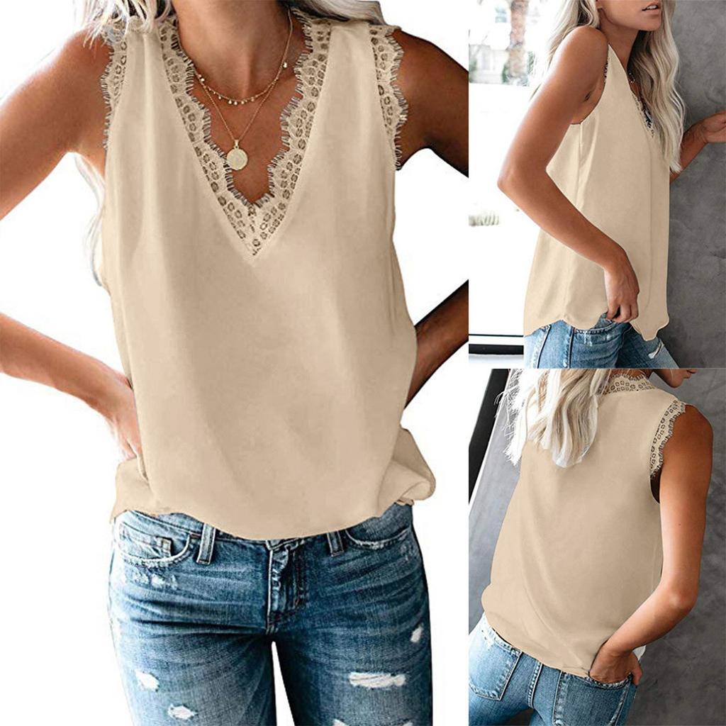 Ärmelloses Damen-Tanktop mit Spitzensaum und V-Ausschnitt, leicht, einfarbig, lässige Sommerbluse für den täglichen Gebrauch