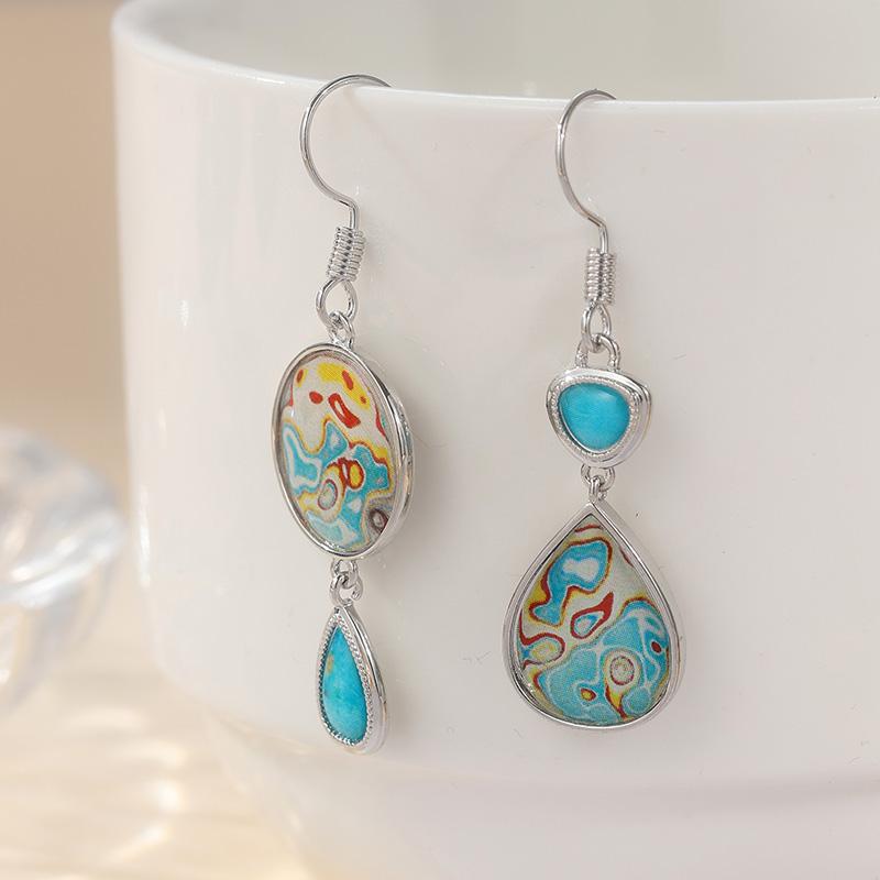 Retro Bohemian-style Colored Synthetic Turquoise Water Drop Shaped Dangle Earrings Women's Elegant Banquet Pendant Jewelry Gifts
