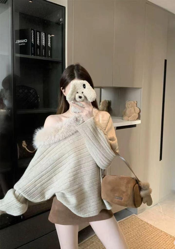 Elegant Long-Sleeve Ribbed Knit Sweater - Retro, Loose-Fit for Autumn/Winter
