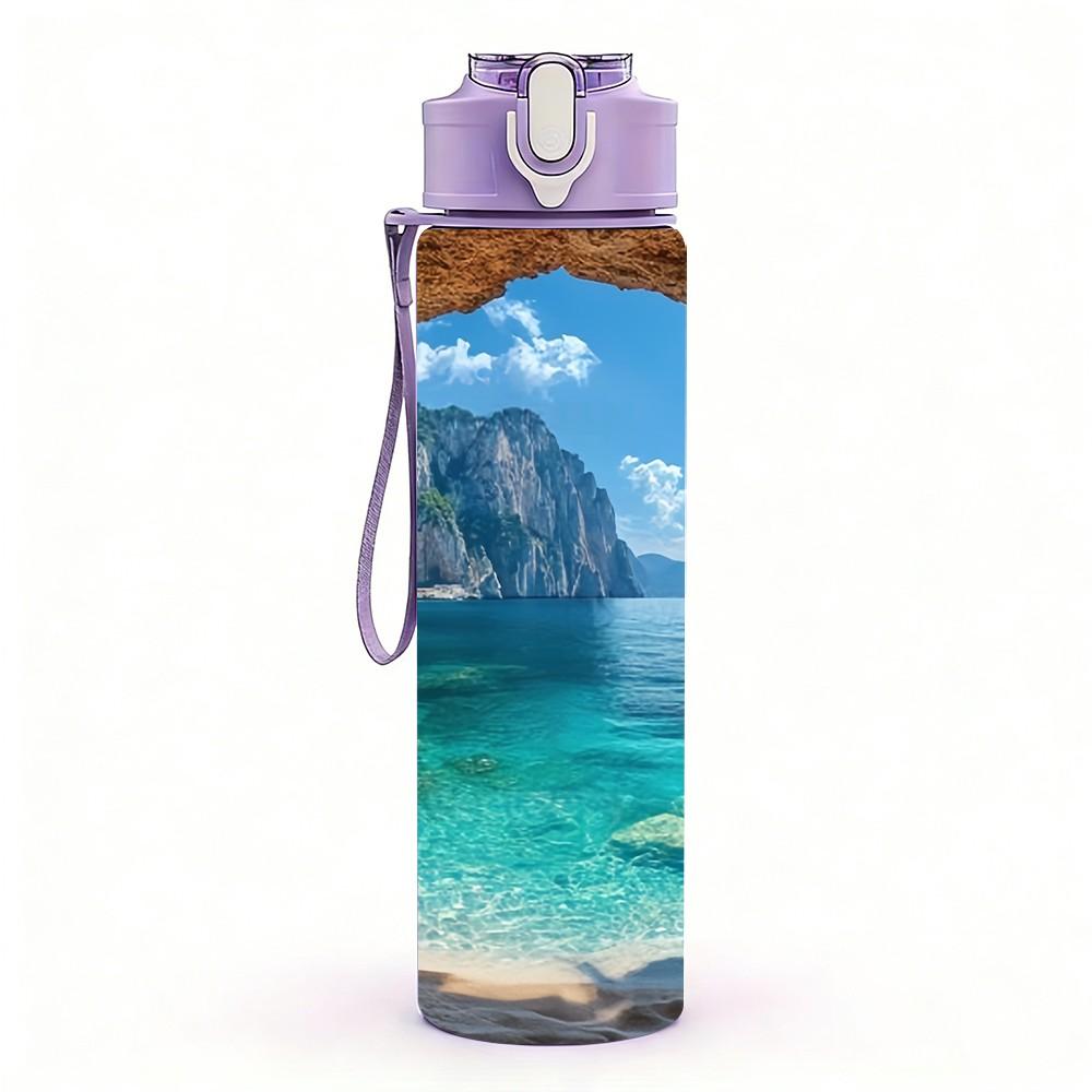 1PC Ocean Sea Cave Coastal Nature Landscape Art 750ml Color Plastic Sports Water Bottle Leakproof Flip Straw Lid Suitable for Sports Office Home Use