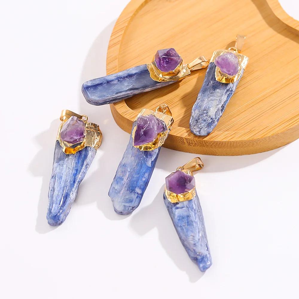 1pc Natural Blue Kyanite Amethyst Crystal Chakra Pendant Reiki Healing Pendant Wrap Golden Edge