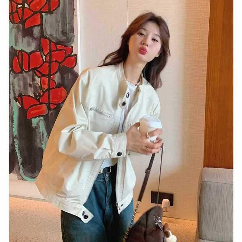 Double-Layer Lined Retro Stand Collar Women's Autumn Workwear Jacket – Loose Fit, Versatile, Short, Casual