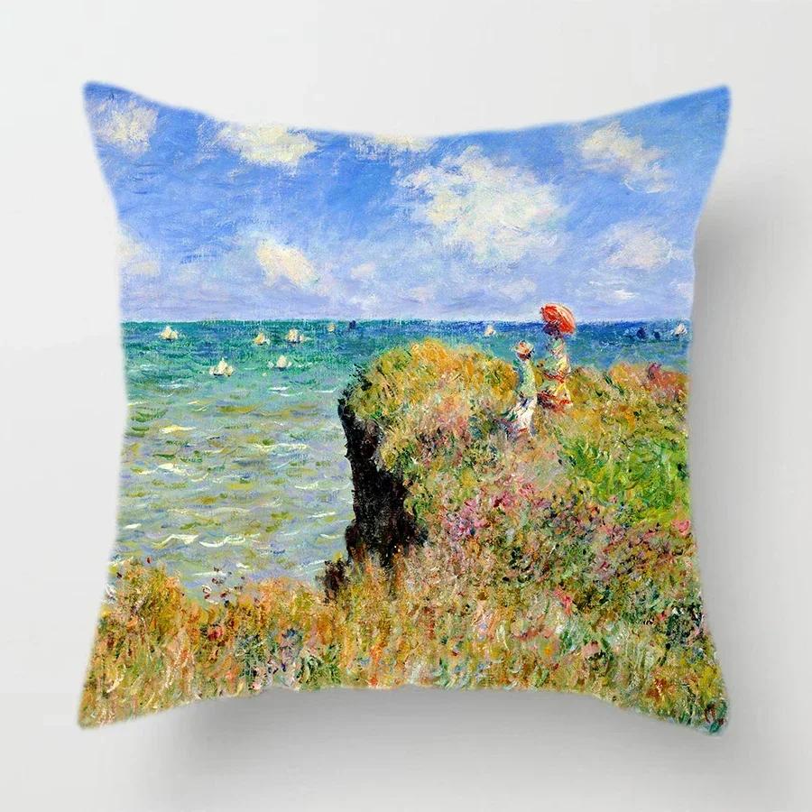 Claude Monet Polyester Printing Cushion Cover Sofa Landscape World Famous Oil Painting Throw Decorative Pillow Case Home Decor