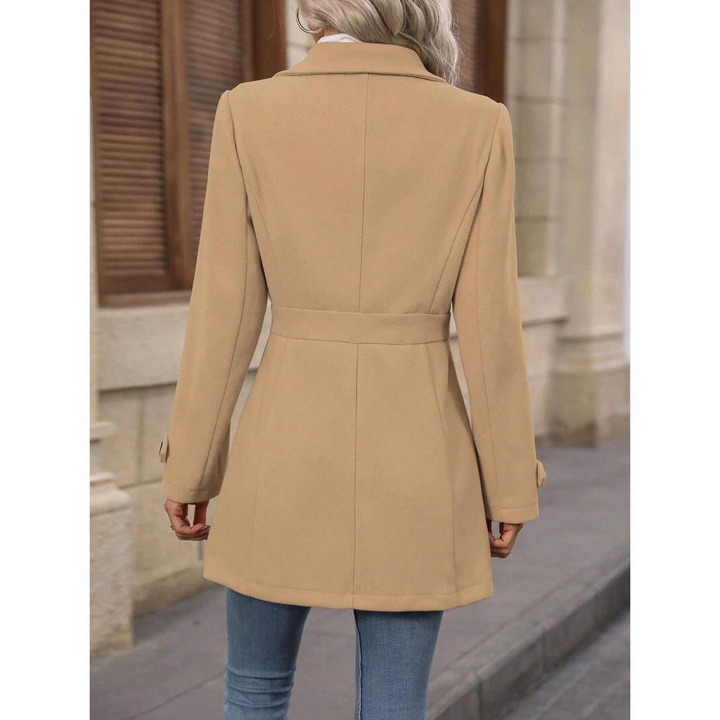 Women's Notched Lapel Wool Blend Coat, Slim Fit Belted Waist Trench with Thermal Lining, Elegant Office Chic Overcoat for Commute With Pockets