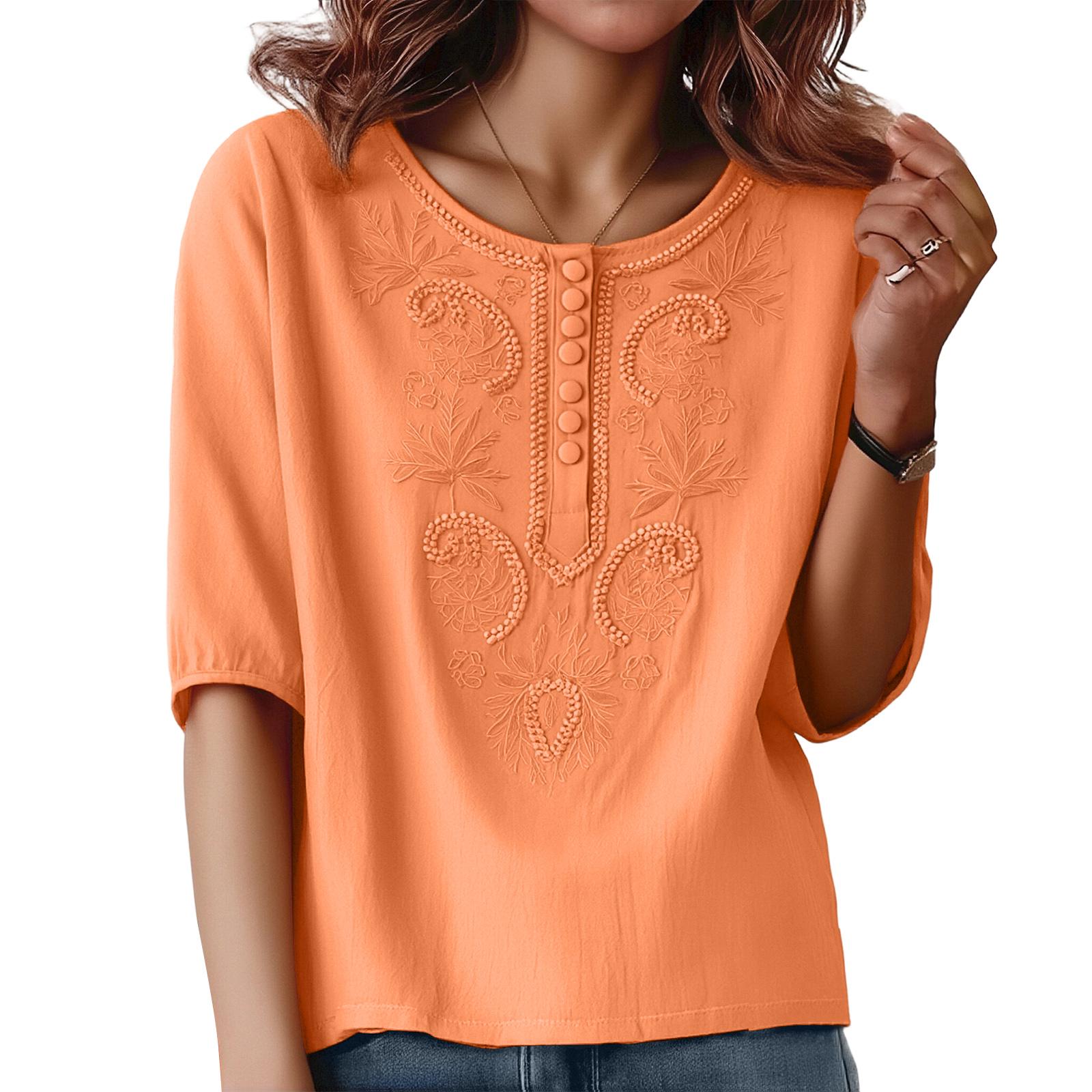 Женский цветной повседневный вышитый топ с круглым вырезом, свободный, стройнящий, из хлопка и льна XL шафрановый