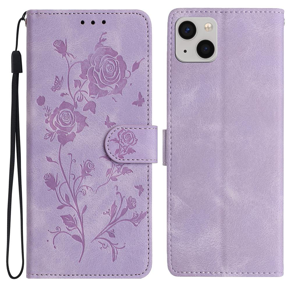For iPhone 14 Wallet Case Rose Pattern Imprinted Leather Flip Stand Phone Cover