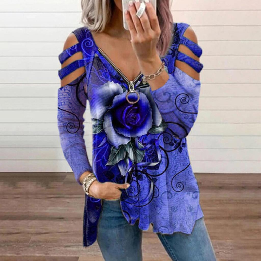 Fashion Womens Loose Collar Zipper V-neck Rose Print Long-Sleeved Casual T-shirt