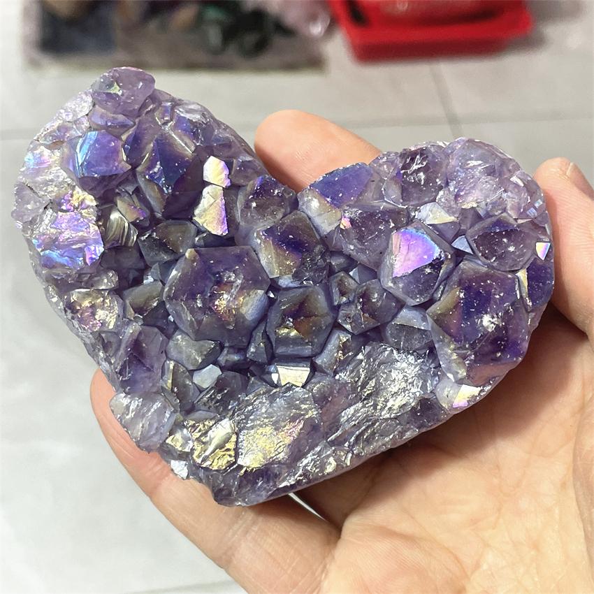 1pcs Amethyst Geode Heart Shaped Crystal Healing Crystals Stones Titanium Rainbow Aura Amethyst Cluster Angel Aura Quartz