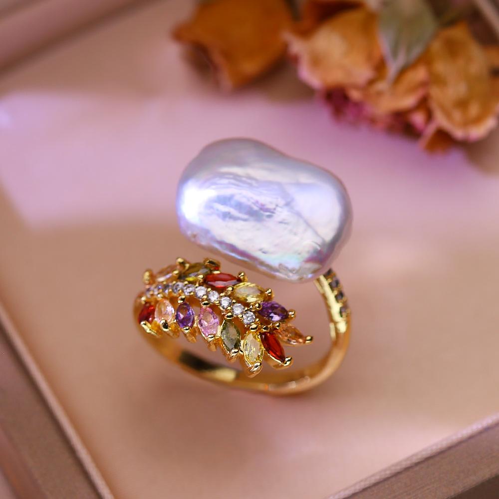 SENIKO 12-16mm Natural Freshwater Pearl Rings For Women Fashion Female Cubic Zirconia CZ Ring Pearl Jewelry Adjustable Ring