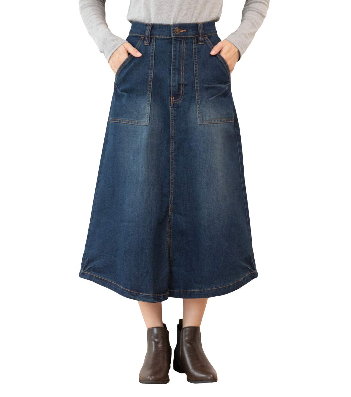 

Счастливая Хону Длинная юбка Стрейч Деним Эластичная талия Длинная Карманы Большой размер 4L Темно-синий (Прекрасный силуэт) A-Line