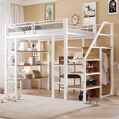 Hoogslaper 140*200cm, drielaagse opbergplank, bureau, kledingkast, veiligheidstrap met opbergvak, hoog hek design, ijzeren bed, eenpersoonsbed, wit
