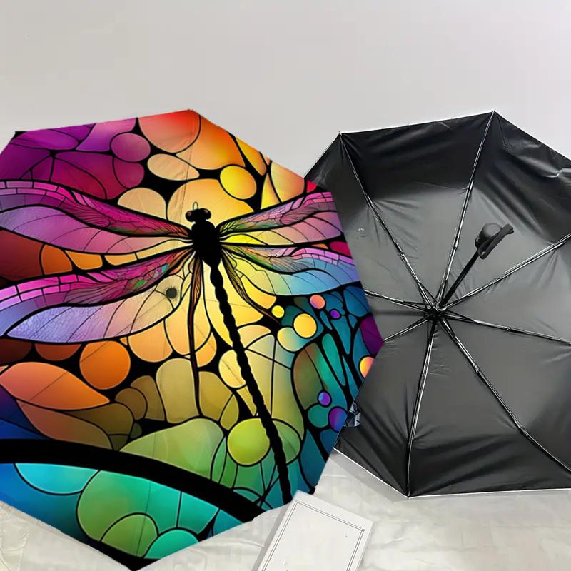 Colorful Stained Dragonfly Design Automatic Opening/Closing Umbrella with Foldable Design,, Travelers, Daily Use, Festive Gift1121011a