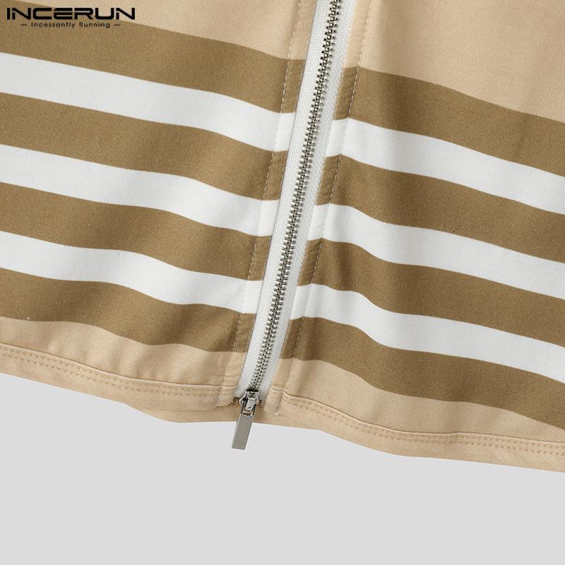 INCERUN Summer Men Cutout Short Sleeve Stitching Zipper Up Striped Casual T-shirts