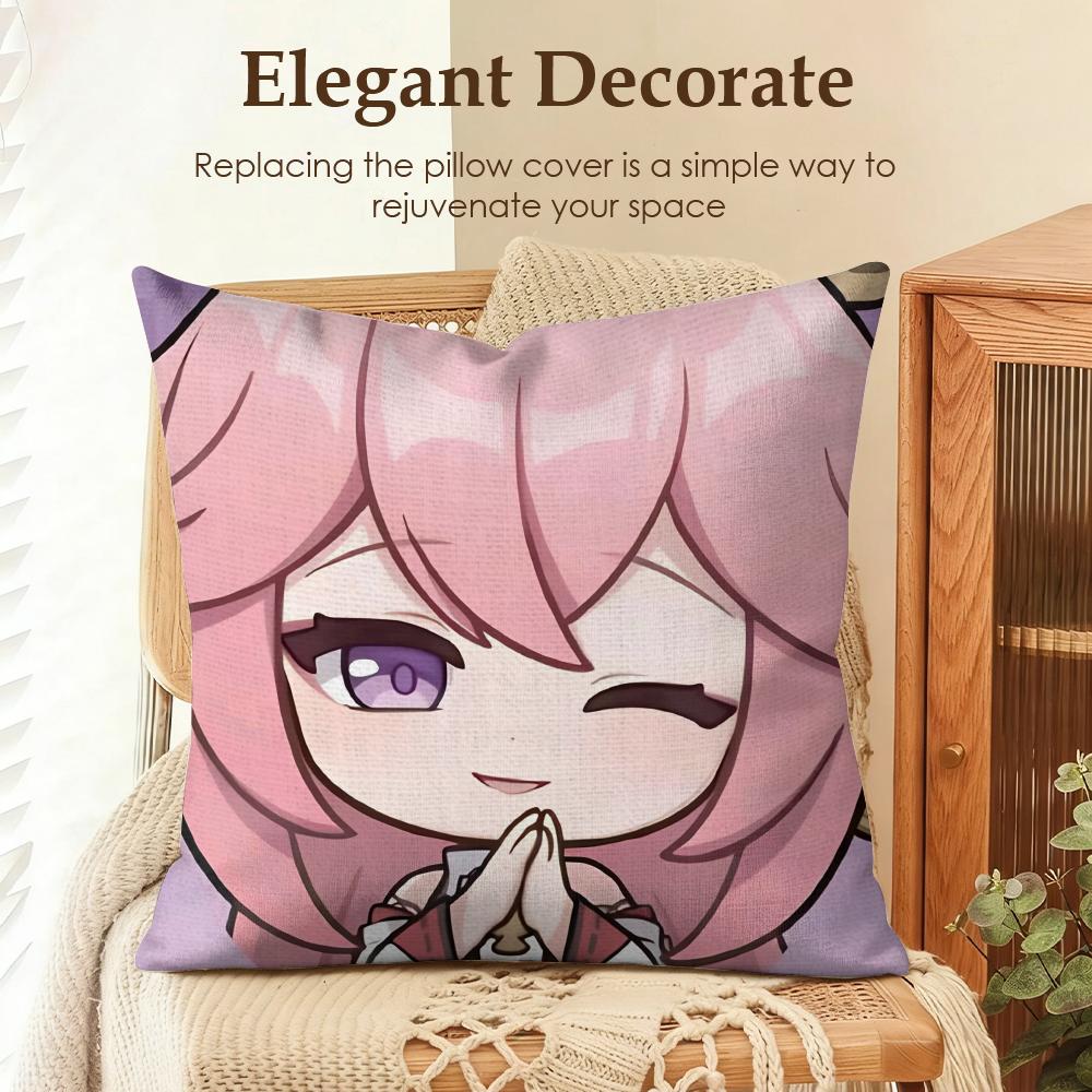 Yae Miko Cute Genshin Impact Cushion Cover Natural Linen Organic Fabric DoubleSided Printing Sofa Home Decor Gift Pillow Case