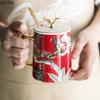Golden Edged Ceramic Mug Spoon Lid Flower Bird Breakfast Cup Large Capacity Water Cups Coffee Cup Milk Tea Cups Flower Tea Mug